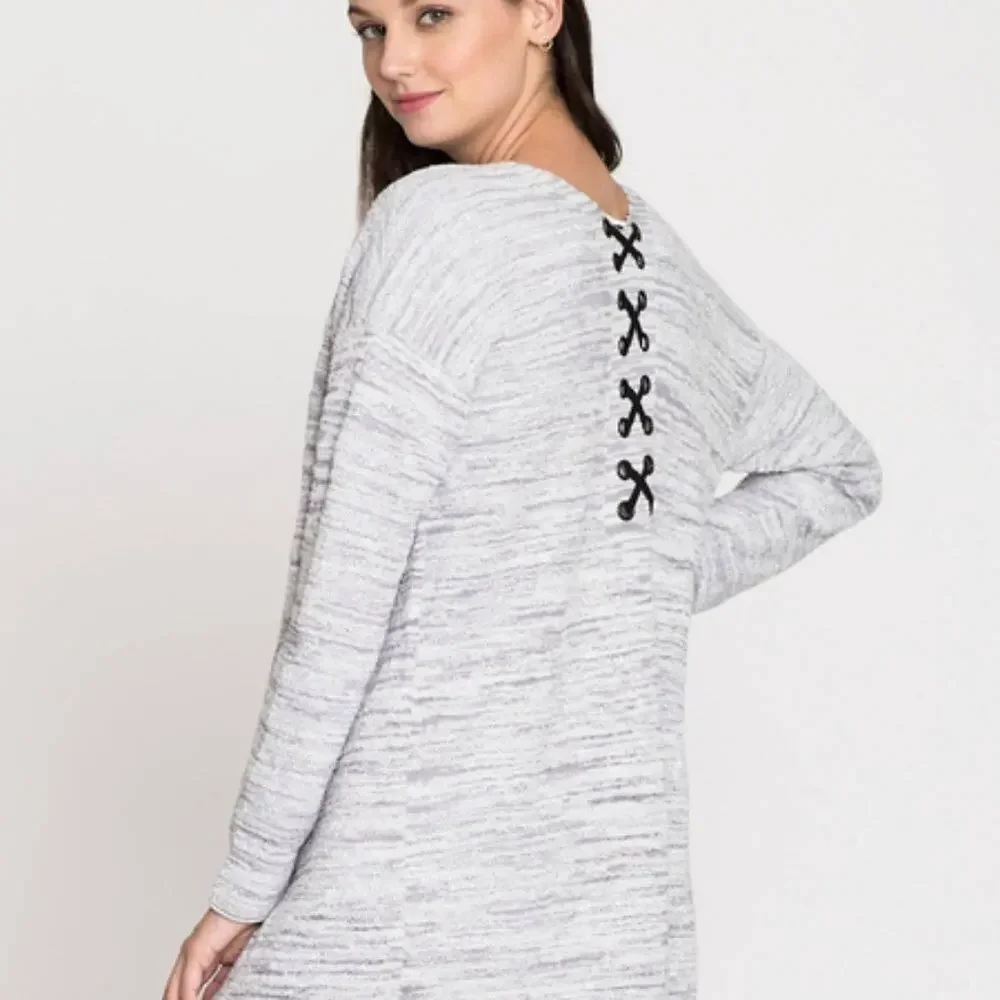 NIC+ZOE Lace It Back Gray Cotton Cardigan Medium